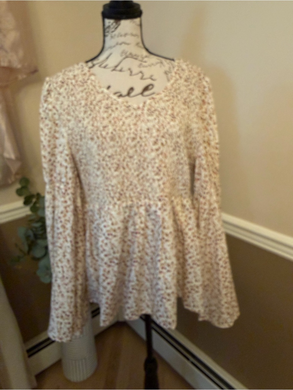 Women’s XXL Apricot Floral Smocked Peplum Blouse Long Sleeve NWOT